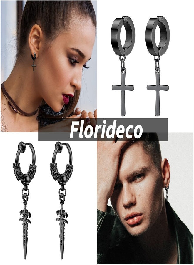 Florideco 22Pcs Stainless Steel Fake Earrings for Men Women Cross Chain Pendant Earring Non-Piercing Huggie Hoop Earrings Set Clip On Earrings for Men Black Fake Earrings Black Tone - Image 2
